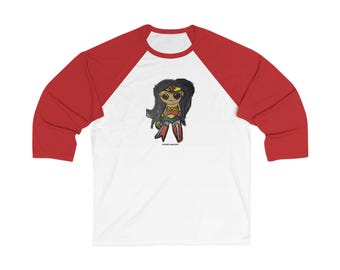 May include: A white baseball t-shirt with red three-quarter length sleeves featuring a central graphic of a cartoon character with long black hair, a gold tiara, a red and blue outfit, and red boots. The text "DOPERT.COM" is printed below the figure.
