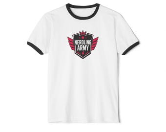 May include: A white ringer t-shirt with black trim on the collar and sleeves. The center of the chest features a black and red shield-shaped graphic with wings, a crown, and the text NERDLING ARMY printed in white capital letters.