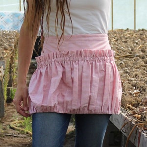 Reg or Plus Size - Gathering Apron in Ruffled Pink Homespun for harvesting the garden or collecting eggs