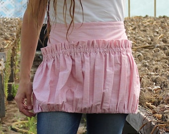 Reg or Plus Size - Gathering Apron in Ruffled Pink Homespun for harvesting the garden or collecting eggs