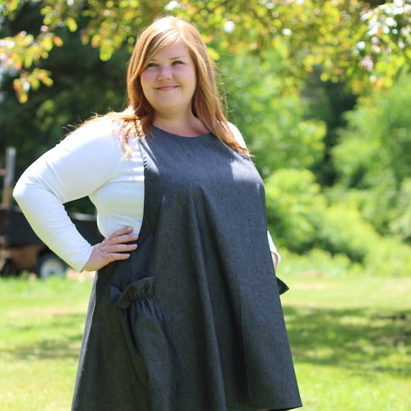 Plus Size, No Tie Apron in Soft Black Denim