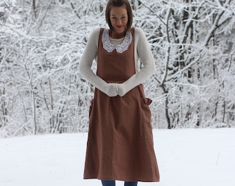 XS-5X Pinafore, Crossback Apron in Mini Red Plaid Homespun with a Lace Collar