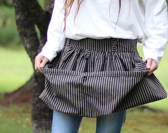 Reg or Plus Size- Gathering Apron for Foraging and Harvesting the Garden in Black Stripe Homespun