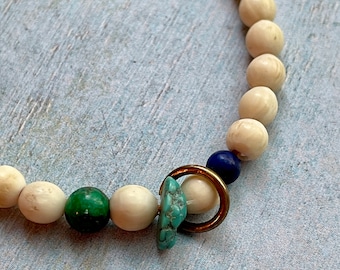Wood, Bone, Patina Bead Necklace - 17 inches