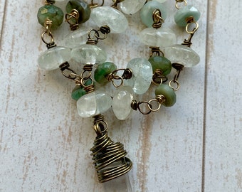 Aquamarine, Emerald Bead Chain and Rock Crystal Point Charm in Antiqued Brass Set