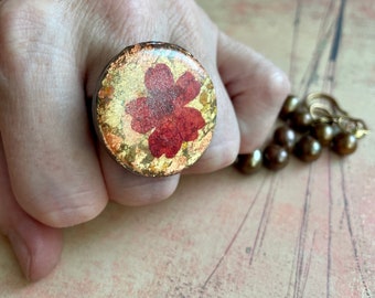 Red Pressed Flower, Variegated Gold Foil, Resin, Mica Adjustable Bezel Ring - 6 to 9