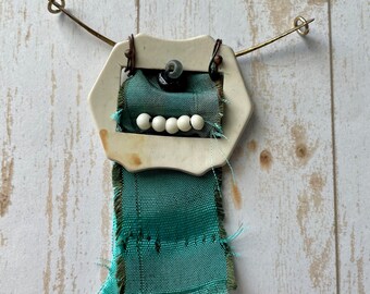 Antique Shell Buckle, Sari Silk, Bone Beads, Hammered Brass Bar Assemblage Pendant