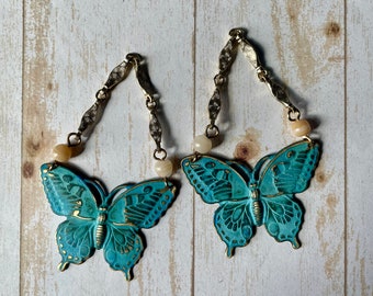 Blue Patina Brass Butterfly Earring Pendants-2.75 inches