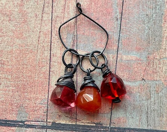 Orange Carnelian, Hot Pink and Red Quartz Faceted Trillion Bead Charm Trio