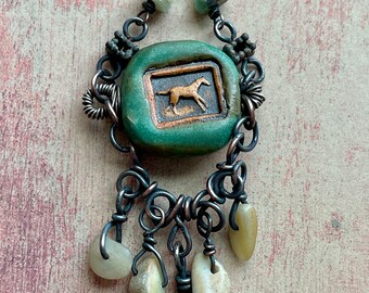 Ceramic Horse Bead Pendant with Amazonite