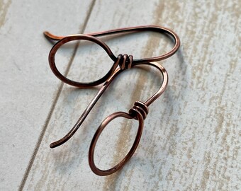 Looped, Wrapped, Hammered Antiqued Copper Ear Wires - 1 pair