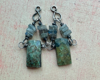 Azurite Malachite and Labradorite Bead Charm Pair in Antiqued Sterling no.2