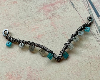 Sterling Woven Copper V Neck Bar with Apatite and Labradorite - 3.5 inches