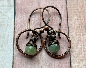 Green Jade in Antiqued Copper Link Earrings