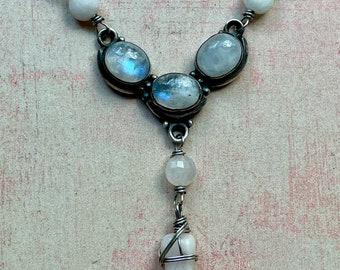 Moonstone in Blackened Sterling Bezel Necklace Centerpiece with Multi Beryl Talon