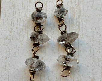 Herkimer Diamond Quartz In Antiqued Brass Bead Chain Segments - 1 pair