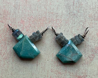 Chrysocolla and Labradorite Heishi Bead Connector Pair in Antiqued Sterling Silver