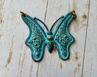 Blue Patina Brass Butterfly Pendant