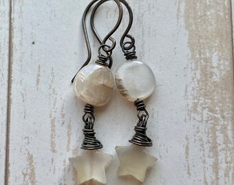 Moonstone Stars with Mystic Nuggets and Blackened Sterling Silver Earrings