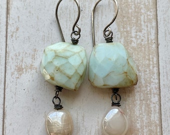 Sea Foam Peruvian Opal and Mystic Moonstone Earrings on Blackened Sterling Silver