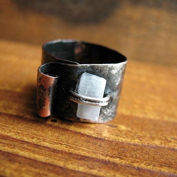 Blackened Fused Silver and Copper Wrap Ring with Selenite Shard - size 7 to 9