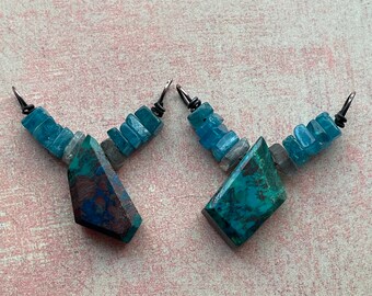 Shattuckite, Apatite and Labradorite Heishi Bead Connector Pair in Antiqued Sterling Silver