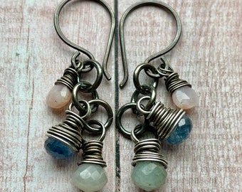 Jade, Kyanite, Pink Opal and Antiqued Sterling Silver Earrings