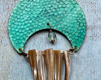 Verdigris Crecent Pendant with Mother of Pearl Teeth Beads and Aquamarine