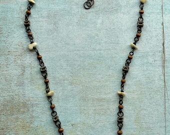 Matte Amazonite, Verdigris Box Beads, Wood and Antiqued Copper Bead Chain Necklace Kit - 17 to 19 inches