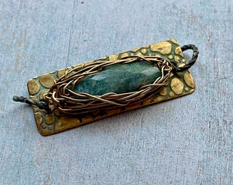 Aquamarine Wrapped on Verdigris Pebble Patterned Brass Bracelet Conector