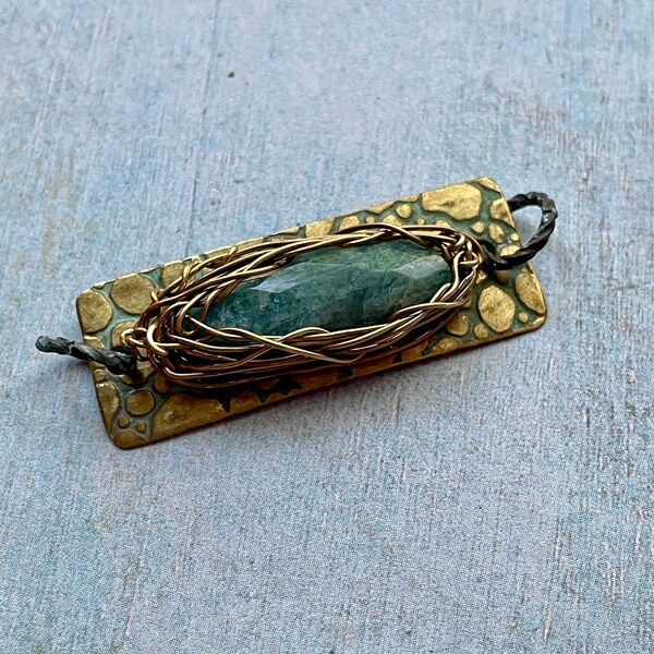 Aquamarine Wrapped on Verdigris Pebble Patterned Brass Bracelet Conector