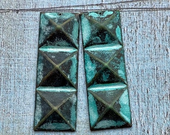 Verdigris Brass Triple Pyramid Charm Pair