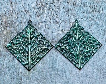 Verdigris Brass Filigree Diamond Earring Pendant Pair - 40mm