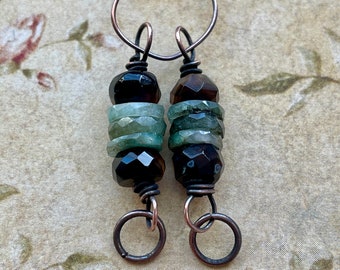 Smoky Quartz and Emerald Bead Connectors in Antiqued Copper - 1 pair