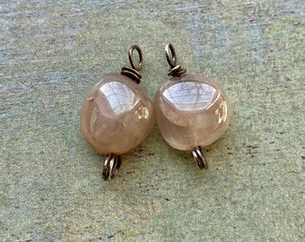 Mystic Peach Moonstone Nugget Bead Connectors in Antiqued Sterling Silver - 1 pair