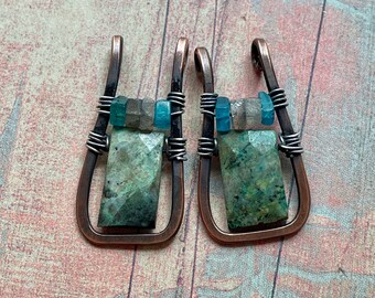 Azurite Malachite, Apatite, Labradorite and Hammered Copper Frame Charm Pair