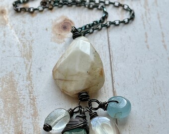 Peruvian Opal, Aquamarine, Mystic Moonstone, Blackened Sterling Pendant and Necklace Chain - 17 inches