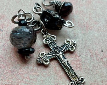 Rutilated Quartz, Garnet, Rosary Cross and Iridescent Glass Skull Pendant Charm Set