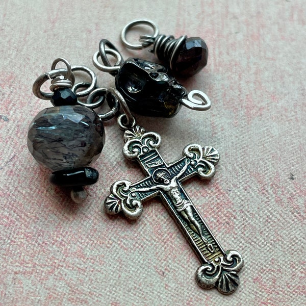 Rutilated Quartz, Garnet, Rosary Cross and Iridescent Glass Skull Pendant Charm Set