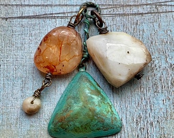 Peruvian Opal, Citrine and Verdigris Brass Pendant