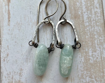 Aquamarine Drops in Hammered Sterling Arches Earrings