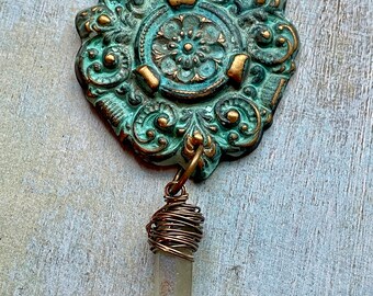 Verdigris Patina Brass Art Nouveau Pendant with Aqua Crystal - 2 by 3 inches