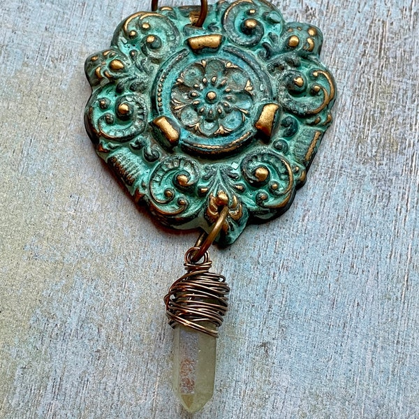 Verdigris Patina Brass Art Nouveau Pendant with Aqua Crystal - 2 by 3 inches