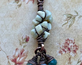 Woven Antiqued Copper Opal and Jade Pendant