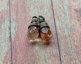 Faceted Sunstone in Antiqued Sterling Bead Charm Pair