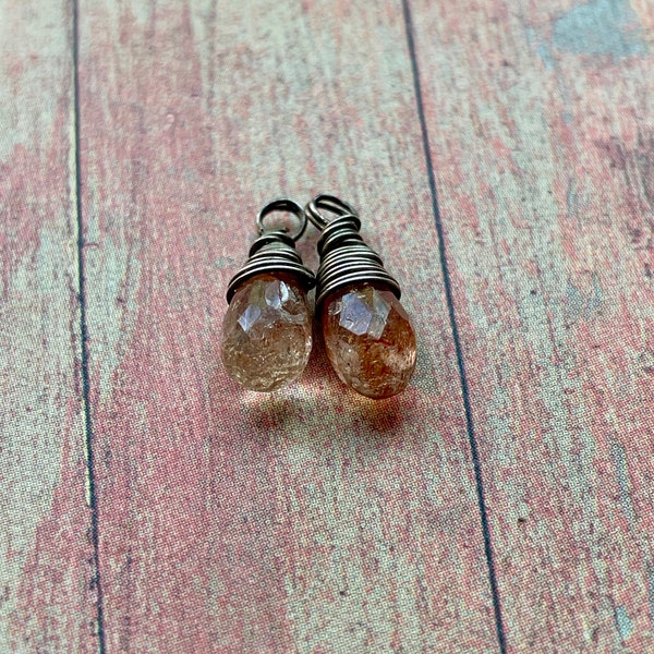 Faceted Sunstone in Antiqued Sterling Bead Charm Pair