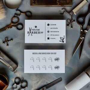 Barber Salon Visitenkarte [EDITIERBAR auf Canva / Instand Download] Stempelkarte/Treuekarte (Standort, Kontaktinformationen und soziale Medien)