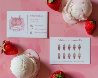 Ice Cream Shop Loyalty Card, Vintage Pink Business Card (Canva Editable, Digital Download)