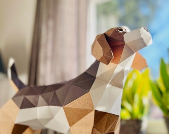 Low poli Beagle Dog 3D Papercraft PDF, plantilla SVG para crear perro Beagle 3D, perro 3D para la decoración de la habitación de los niños, regalos de bricolaje para niños