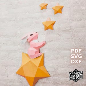 Bunny on a Star Papercraft, Digital Template, Low poly Bunny, DIY Origami Model Pepakura, PaperCraft 3D Animal, Wall Decor, poly paper 3d